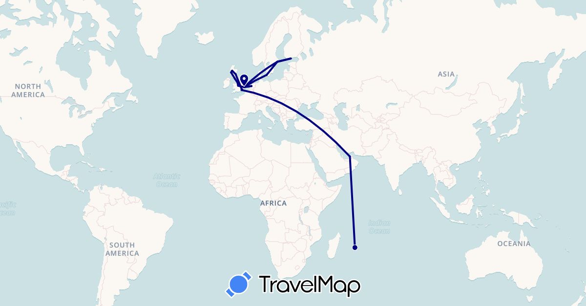 TravelMap itinerary: driving in United Arab Emirates, Denmark, Finland, United Kingdom, Mauritius, Netherlands, Sweden (Africa, Asia, Europe)